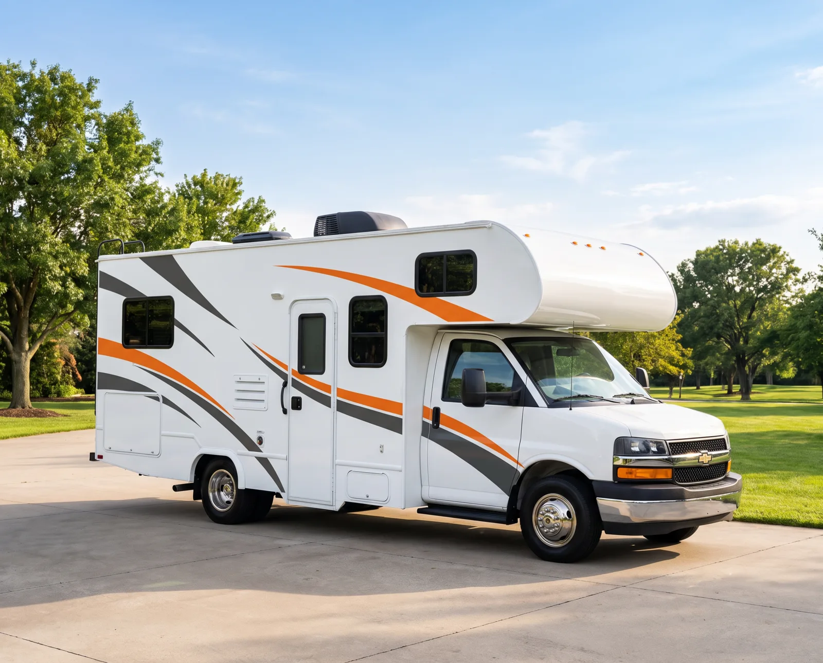 A rendering of the Roots On The Go RV in an orange and grey wrap